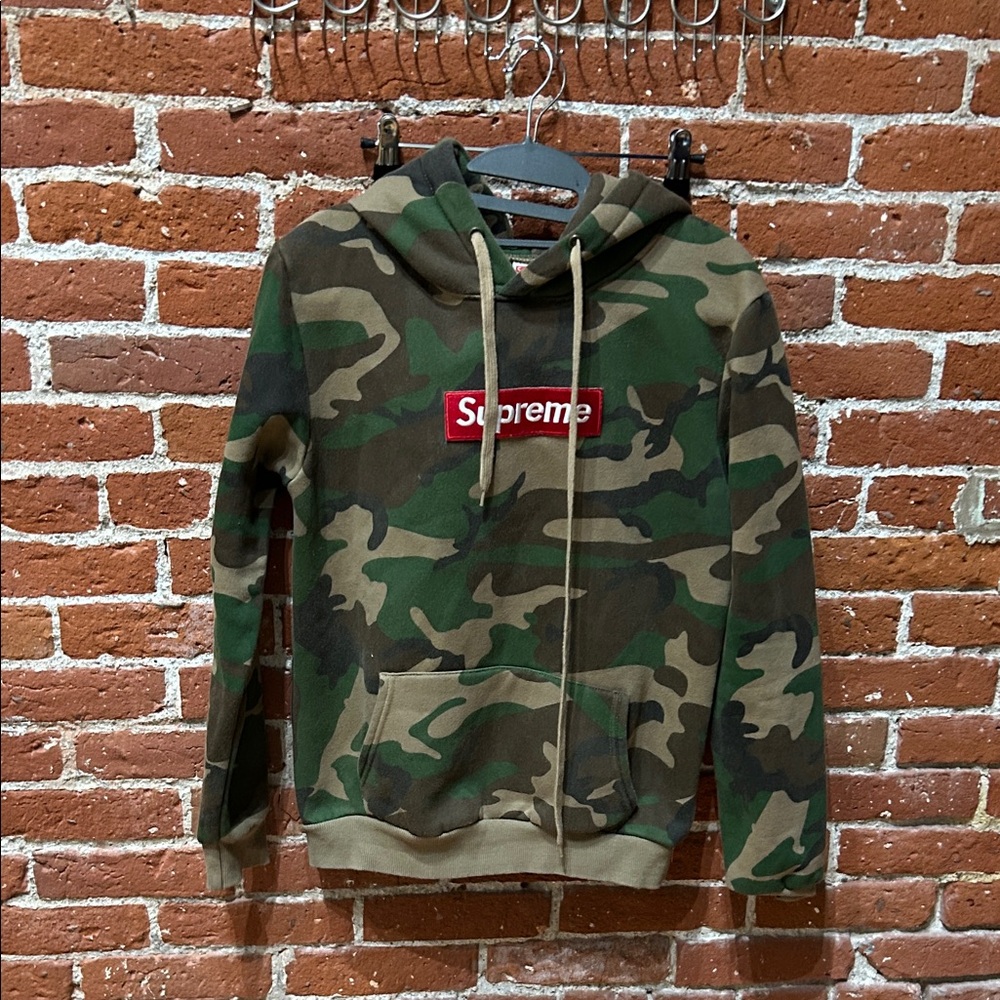 Supreme Green Camouflage Hoodie with Red Logo